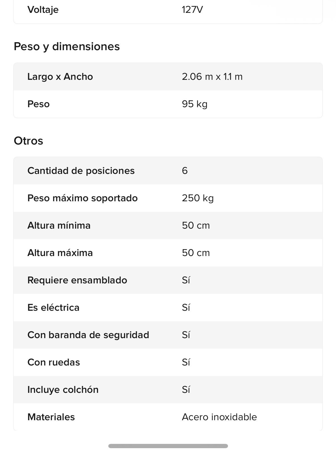 Cama Electrica Reposet - Ficha de especificaciones